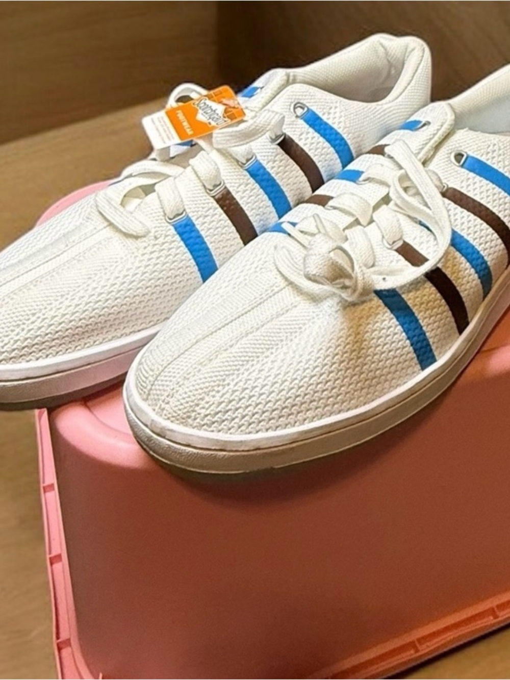 K-Swiss White Sneakers with Blue and Brown Stripes New with Box!